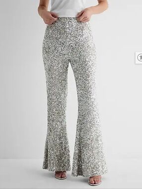 NWOT Express Super High Waisted Silver Sequin Wide Flare Pant - Women's XL